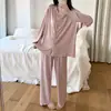 Conjunto de loungewear de cárdigan con volantes estilo coreano para otoño, con manga larga, pantalón largo, color liso simple, cuello en V holgado, pijama