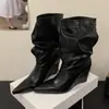 Botas femininas Chuyuji retrô de perna larga que afinam, plissadas, empilhadas, modelo novo 2026, bico fino, salto plataforma, elegantes botas plissadas de cano médio
