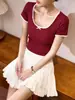# 260g Youkesi Calidad Premium # Camiseta de Encaje para Mujer, Nuevo Estilo de Verano, Cuello Redondo, Moño, Mangas Cortas, Color de Contraste, Top de Cintura Alta