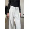 Jeans Rectos de Tiro Alto Blancos para Mujer, Tallas Grandes, Primavera/Verano, Diseño Plisado, Caída Suelta, Corte Amplio, Pantalones Anchos Adelgazantes