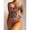 Traje de baño de una pieza para mujer, transfronterizo europeo y americano, nuevo estampado, con tirantes, espalda descubierta, bikini sexy, traje de baño de playa