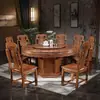 Mesa y Sillas de Comedor Antiguas de Madera Maciza Tallada Estilo Dinastías Ming y Qing con Plato Giratorio, Se Puede Añadir Inducción, Mesa Redonda Grande Color Palosanto, Múltiples Tamaños