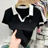 Camiseta Retro Estilo Academia con Cuello Polo de Manga Corta para Mujer, Top Corto Ajustado de Verano para Usar como Capa Base