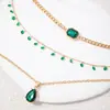 Collar Transfronterizo de Piedra Imitación Esmeralda con un Diseño Versátil y Elegante, Collar de Nudo de Lazo Multicapa, Gargantilla de Corazón con Flor Tachonada de Diamantes para Apilar