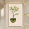Pintura Decorativa de Entrada Estilo Crema Planta Verde Hidropónica Textura de Arenisca Estéreo Pintura Colgante de Pared de Fondo para Sala de Estar Luminosa LED