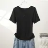Camiseta básica versátil de color liso, manga corta, cuello redondo con botones, estilo minimalista, nueva para verano, para mujer, corte ajustado, casual