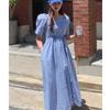 Vestido Retrô Elegante de Verão Coreano Chic Nicho Redutor de Idade Gola Quadrada Exposta Xadrez na Cintura com Mangas Bufantes para Mulheres