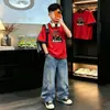 Nuevo Estilo Niños Tendencia Fútbol Manga Corta Jeans Ropa Marca de Moda Comercio Exterior Ropa Infantil Niños Conjunto de Verano