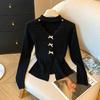 Outono e Inverno Feminino Novo Estilo Gola Alta Decote V Renda Patchwork Malha Laço Fenda Slim Slim Malha