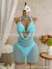 Saída de Praia Estilo Menina Popular Transfronteiriça Europeia e Americana com Decote Halter e Recorte Profundo em V Vestido Bodycon de Renda