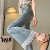 Jeans acampanados de verano para mujer, tiro alto, corte ajustado, para petite, populares este año, con detalles de encaje y cuentas, modelo A13076