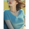 Elegante Versátil Bonita Azul Tricô Gola V Manga Curta Camiseta Feminina Verão Super Bonita Simples Camisa