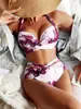 Transfronterizo 2025 Europeo y Americano Nuevo Bikini Dividido Traje de Baño Con Aros Moda Sexy Estampado Bikini de Cintura Alta Traje de Baño