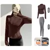 Conjunto Esportivo de Corrida ao Ar Livre para Outono e Inverno para Mulheres, Gola Alta, Jaqueta Fitness com Cintura Marcada, Calça Longa de Yoga com Cintura Alta, Fleece Fino, Levanta Bumbum