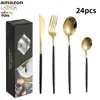 Juego de Cubiertos de Acero Inoxidable Amazon Transfronterizo Cuchillo Portugués, Tenedor, Cuchara Hotel Estilo Occidental Estilo Europeo Juego de 24 Piezas en Caja de Regalo