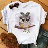 Camiseta Estampada de Búho de Dibujos Animados Maycar para Mujer Camisa con Estampado Kawaii Manga Corta Casual Camiseta Negra para Mujer Cuello Redondo