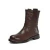 Botas Western de Cuero Genuino Marrones para Mujer 2026 Otoño/Invierno Nuevo Estilo Retro Británico Botas de Media Caña Martin Botas de Caballero Arrugadas de Piel de Vaca