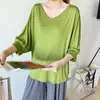 Camiseta Base de Modal para Mujer, Estilo Holgado Delgado con Mangas Tres Cuartos, Ropa Interior de Verano, Pijama Ropa de Casa Talla Grande, Camiseta Corta Delantera y Larga Trasera