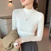 H337 Cómoda Camiseta Básica de Cuello Medio para Mujer, Tejido de Canalé de Cuello Medio, Elegante Top Cálido de Manga Larga para Otoño e Invierno