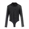 Europeo y Americano Tentación Sexy Provocar Cuello Alto Manga Larga Ajustado Ultrafino Perspectiva Malla Negra Sexy en stock
