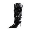 Zapatos de Mujer Moda Nueva York Estilo Nuevo Europeo y Americano Botas Largas Plisadas Punta Fina Tacón de Aguja Pantorrilla Ancha Botas Altas Botas de Moda