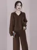 Conjunto de duas peças outono 2024 feminino sal e pimenta rua alta gama social gola polo manga longa camiseta calça pantalona