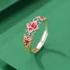 Anel de Prata Yilu S999.9 Prata Pura Banhado a Ouro Esmalte Padrão Floral Novo Estilo Chinês Tendência Nacional Estilo Antigo Fábrica de Anéis de Prata Venda Direta