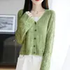 Cardigan Tricot Feminino Verão Novo 2026 Gola V Manga Longa Vazado Pompons Cor Sólida Solto Versátil Top
