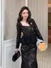 Elegante vestido negro de encaje estilo francés, de manga larga, corte ajustado, que realza la figura, largo hasta la cadera, nueva moda otoño e invierno para mujer