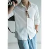 Camisa masculina de algodão e linho com manga longa, estilo retrô italiano, nova coleção outono 2026, textura natural, camisa casual com colarinho de lapela