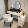 Penteadeira para Apartamentos Pequenos, Estilo Francês Creme para Quarto, Mesa de Maquiagem Minimalista Moderna, Mesa de Maquiagem de Vidro, Gabinete e Unidade de Gavetas Integrados