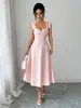 Estilo Novo Primavera e Verão Site Independente Amazon Cruzamento Europeu e Americano Elegante Vestido de Alça Cor Sólida Feminino Vestido Longo