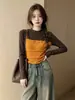Camiseta de manga larga de dos piezas estilo coreano para mujer, nueva colección otoño 2026, corte holgado, adelgazante, versátil y moderna para figuras petite