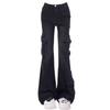 Talla Grande Negro Gris Estilo Americano Micro-Lara Pantalones de Trabajo para Mujer Cintura Alta Adelgazantes Pantalones de Herradura para Nicho Nacional de Moda Pantalones de Mezclilla de Cuerno