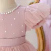 Vestido infantil de tule bufante estilo europeu e americano com mangas bufantes, moderno vestido de princesa com contas para aniversário de menina