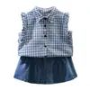 Conjunto de Mezclilla para Niñas Verano 2026: Conjunto de Dos Piezas para Bebé Niña: Camisa sin Mangas de Cuadros Azules y Falda de Mezclilla