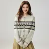 Cardigan de Tricô Jacquard Geométrico Retrô Estilo Fair Isle Outono Inverno Feminino Gola Redonda Botão Manga Longa Caimento Solto Peça de Roupa Externa