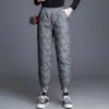 Calças de Algodão com Penugem Femininas Roupa Externa 2025 Inverno Novo Calças Quentes Espessadas Calças Inclinadas Emagrecedoras Cintura Alta Soltas Casuais