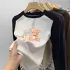 Camiseta térmica de manga larga cepillada para niñas, cuello redondo, otoño e invierno, con panel, para usar por dentro, estampado de dibujos animados, para niños de mediana y mayor edad