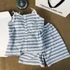 Pijama de verão feminino com bojo, conjunto de camisola e shorts sexy, estilo puro desejo, fino listrado sem mangas, conjunto de roupa caseira de verão