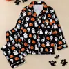Conjunto de Pijama Feminino Longo com Mangas Longas e Calça Longa Selecionado Cuidadosamente para Halloween, Importado, para Primavera e Outono, Modelagem Solta, Roupa de Casa com Gola Reversível, Disponível para Atacado