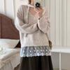 Tricô Coreano Solto com Lantejoulas e Fitas, Renda em Patchwork, Top com Decote V, Estilo Preguiçoso Feminino, Tricô de Comprimento Médio