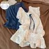 Conjunto de Pijama de Encaje de Lunares Azul Dulce y Pantalones Cortos para Mujer, Ropa de Casa de Verano, Directo de Fábrica