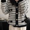 Cárdigan Suéter de Imitación de Visón con Rayas Estilo Tweed para Mujer 2025 Primavera Nuevo Estilo Pequeño Holgado Cuello Redondo Chaqueta de Punto