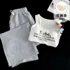 Conjunto de pijama de verano para mujer con copas en el pecho, top sin mangas de algodón a cuadros con letras blancas y nubes, shorts y pantalones largos para casa