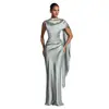 Vestido de Noite Europeu e Americano Feminino de Um Ombro com Manga Fluida Cintura Marcada Cauda de Peixe Traje para Banquete e Brinde Vestido de Noite para Anfitriã Azul