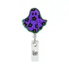 Porta-credencial acrílico con brillos para personal médico con temática de Halloween, con diseño giratorio y retráctil, con motivos de calabaza y fantasma