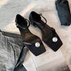 Versão em Couro~2026 Sapatos de Salto Alto Sandália Chinelo Quadrado Simples Europeu e Americano com Fivela de Uma Tira e Salto Bloco Pequeno para Mulheres Verão
