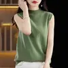 Chaleco de punto estilo retro con mangas, combinado con un top base de manga larga ajustado, adelgazante, de cuello semi-alto para mujer en otoño e invierno