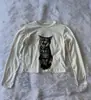 Camiseta de Manga Larga con Estampado de Gato Simple Retro Y2K Japonés y Coreano Cuello Redondo Corte Ajustado Top Básico para Mujer